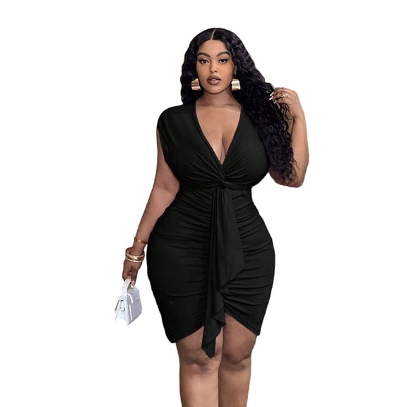 AURA Plus Size Bodycon Mini Dress Women V Neck Summer Ruched Sexy Party Dress