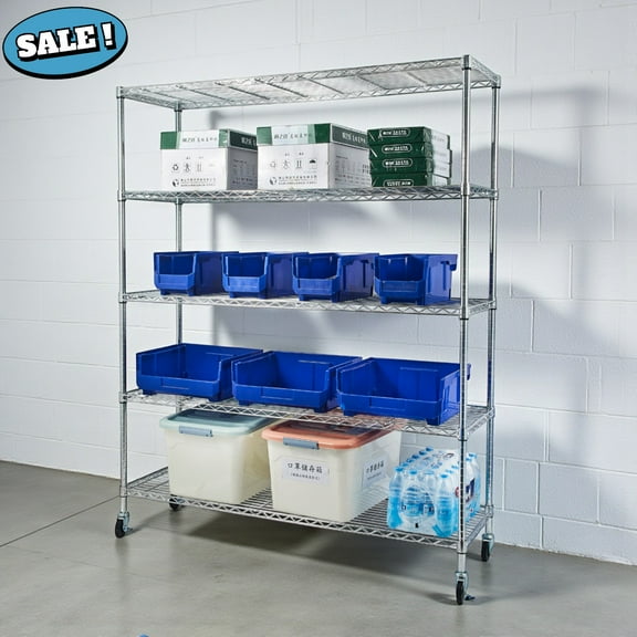 Gzxs 5-Tier Heavy Duty NSF Wire Shelving Unit on Wheels, Chrome Finish Adjustable Metal Storage Rack for Basement, Warehouse, Garage - 120kg Per Shelf, Tool-Free Assembly, 59.06" x 17.72" x 70.87"