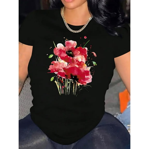 Women'S Casual Floral Print T-Shirt - Crew Neck, Short Sleeve, Cotton Blend 100% Cotton, Knit Fabric with Medium Stretch, Season-Neutral Top