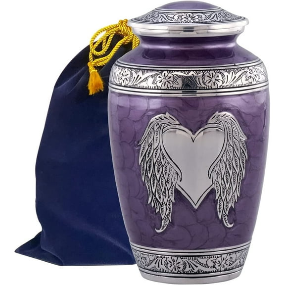 Angel Wings Urn - Loving Angel Wings Cremation Urn for Ashes - Handcrafted Angel Wings & Heart Adult Urn - Large Wings of Love Memorial Urn with Velvet Bag (Purple)