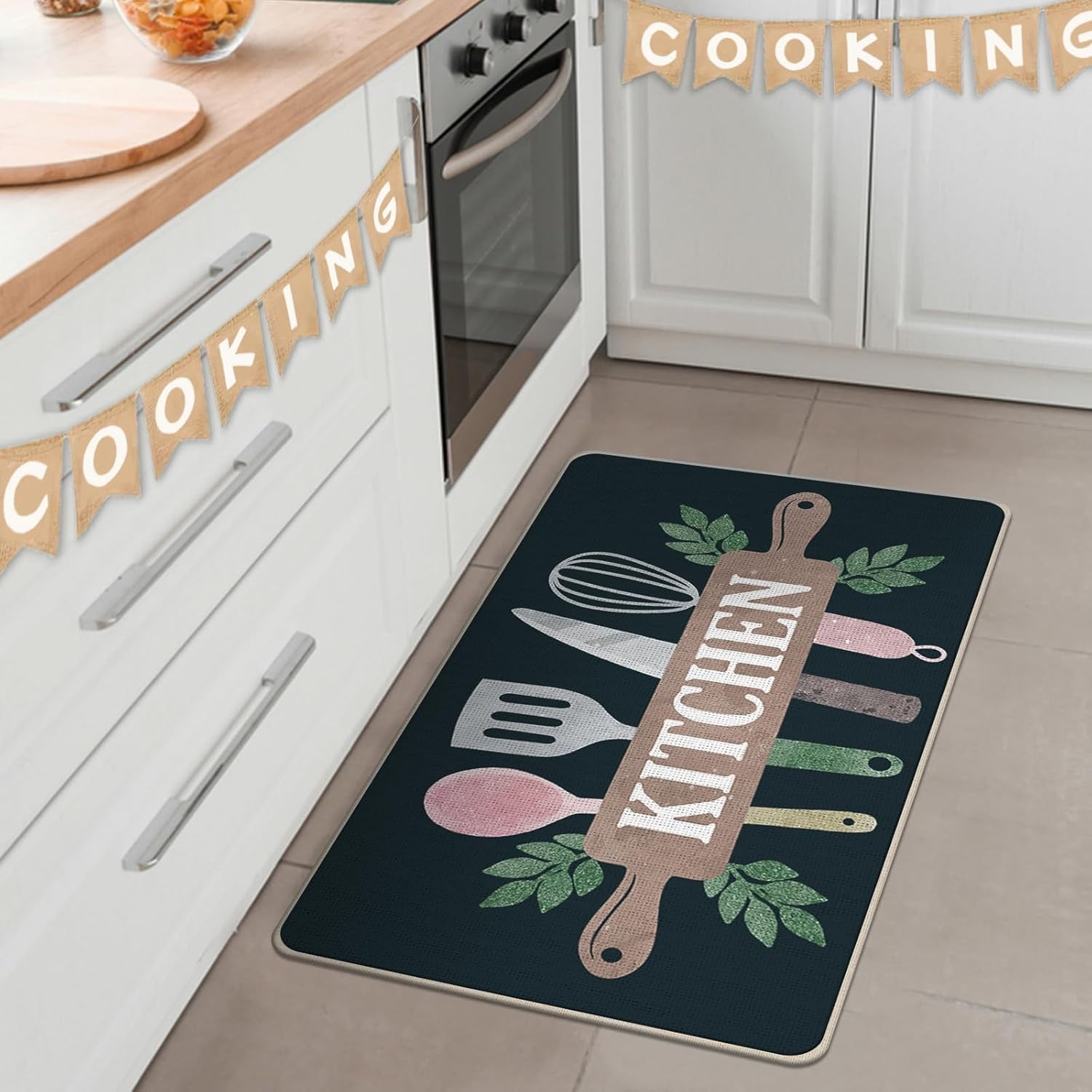 Kitchen Cooking Utensil Decorative Front Door Mat, Kitchen Ware Doormat Indoor Outdoor Non-Slip Floor Entryway Rug, Black Home Kitchen Decoration 17x30 Inch
