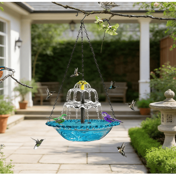 Hanging Bird Bath with Fountain Cord, Solar Powered Water Fountain with 4 Replaceable Spray Nozzles, Outdoor Bird Bath for Garden Patio Yard Attracting Birds (Blue)
