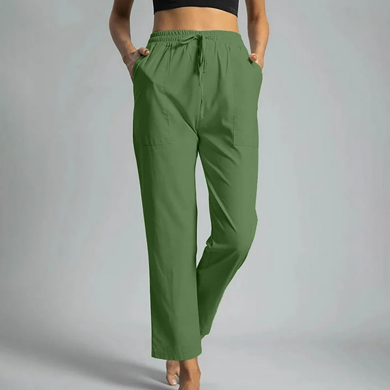KIHOUT Pants For Women Deals Solid Cotton Linen Ankle-Length Pants Pokets  Casual Elastic Trousers Long Pants Trousers 