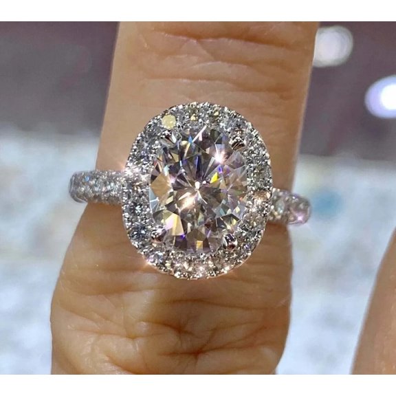 14K White Gold Plated Silver 3Ct Oval Cut Lab Created Diamond Halo Engagement Gift Ring