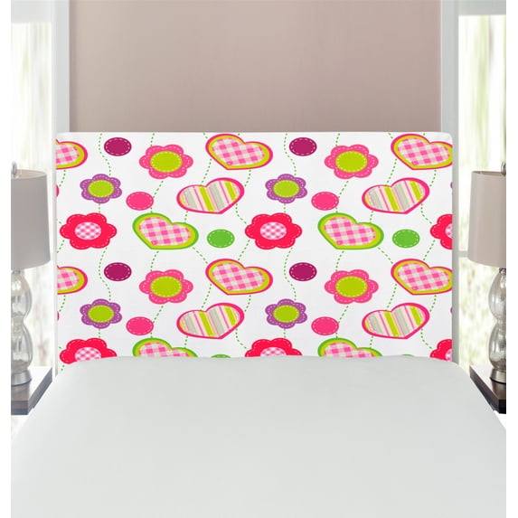 Flower Headboard, Flowers Stitches Checked Lines Stripes Heart Round Shapes Craft Patchwork Art, Upholstered Decorative Metal Bed Headboard with Memory Foam, Twin Size, Lime Purple Red, by Ambesonne
