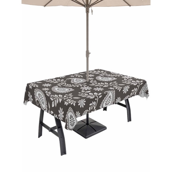 Outdoor Tablecloth with Umbrella Hole and Zipper, Grey Paisley Rectangle Table Cloth 52x70 Inch Waterproof Tablecloth, Ethnic Vintage Floral Botanical Abstract Picnic Table Cover for Patio Camping