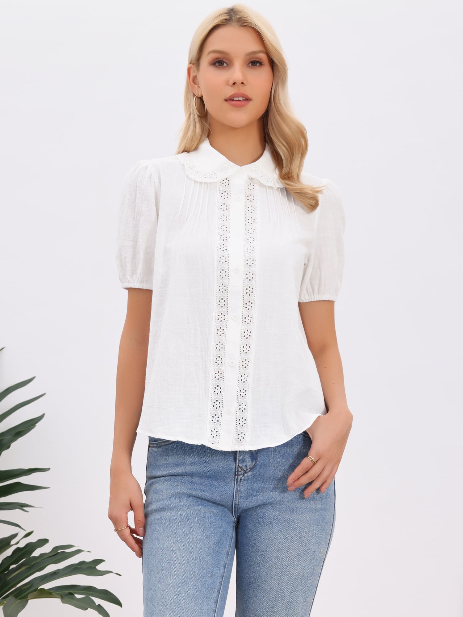 DARING DIVA Women's Short Sleeve Cotton Blouse Peter Pan Collar Crochet Panel Top XL White