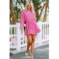 thumbnail image 4 of ABPHQTO Vestido corto de camisa de manga larga con botones texturizados de rosa para mujer con corbata de cuerda, 4 of 5