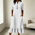 thumbnail image 2 of Husipze Womens Summer Cotton Linen Midi Dress Elbow Length Sleeve Button Front V Neck Casual Loose Dress with Pockets White S, 2 of 8