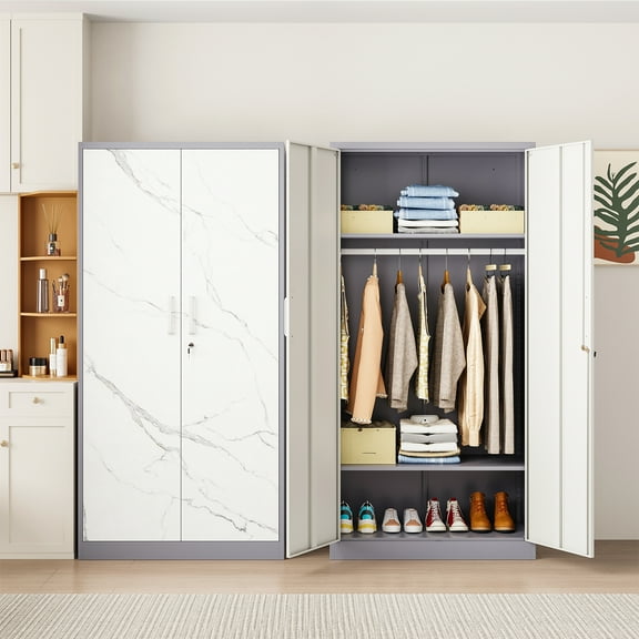 STANI Metal Armoire Closet with Lock, 72" Tall Wardrobe Cabinet with Hanging Rod and 2 Adjustbale Shelves,White Storage Locker for Home,Bedroom,Office,Employee