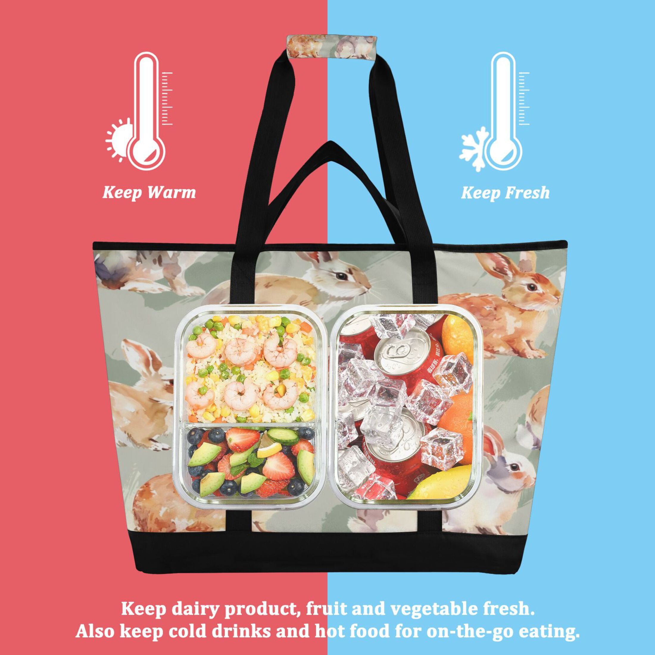 Large Hand-held Ice Pack Picnic Bag Insulation and Refrigeration Suitable for Shopping Picnics and Camping Colorful Rabbit