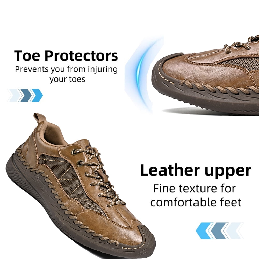 Mens Casual Leather Shoes Outdoor Hiking Work Shoes Breathable Lightweight Sneakers Comfortable Lace-up Driving Shoes Brown 6.5 US