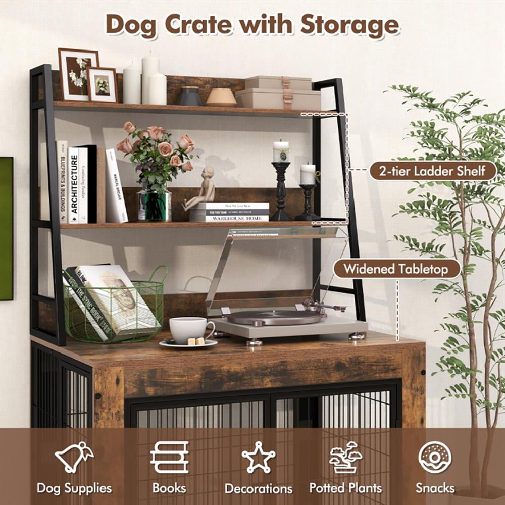Barara King Dog House,Pet House,Industrial Dog Kennel Dog Crate Furniture with Storage Shelves-Rustic Brown