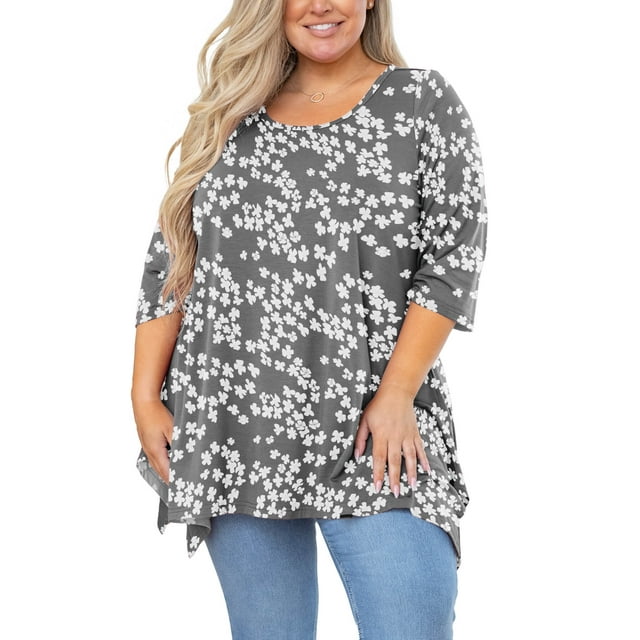 SHOWMALL Tunique Grande Taille pour Femmes Blouse Manches 3/4 Vêtements Grey Sakura 3X Haut Évasé Col Rond Maternité Ample