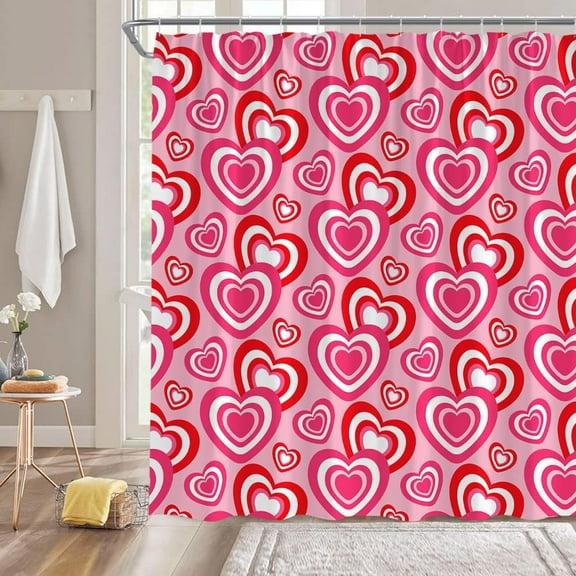 Valentine''s Day Shower Curtain Pink Heart Love Couple Sweetheart Romantic Fabric Bathroom Decor Curtain with Hooks,Pink