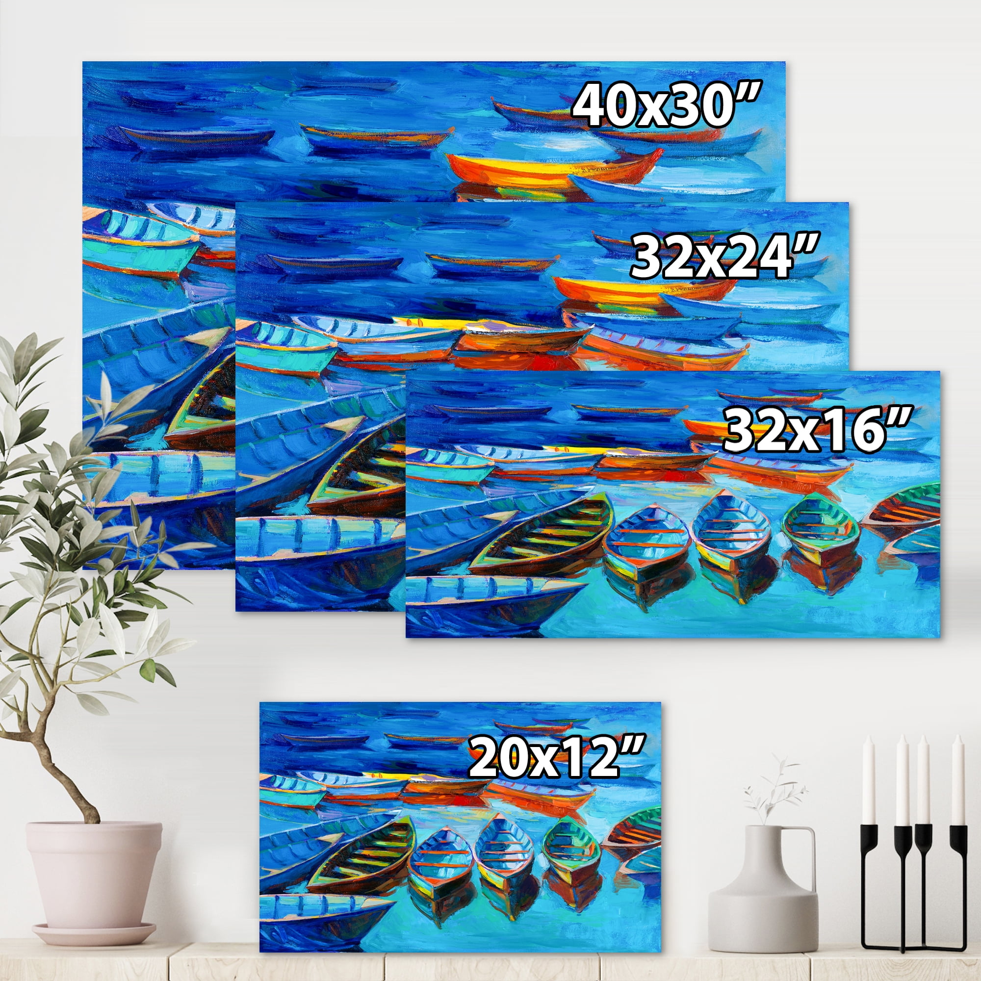 Designart ' Little Boats Wating In The Blue Harbour ' Nautical & Coastal Canvas Wall Art Print