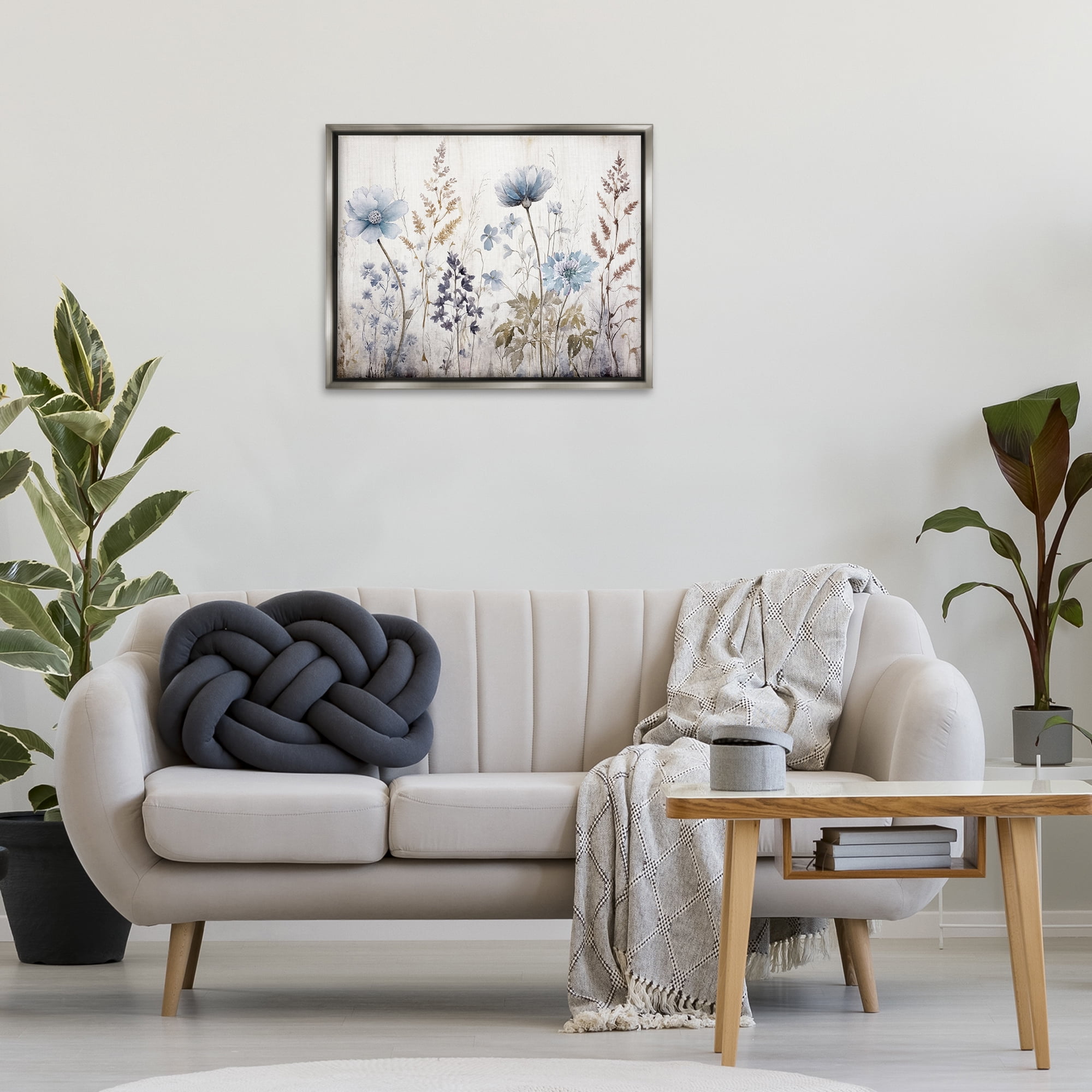 Stupell Industries Blue Nature Blossoms Plants & Flowers Painting Gray Floater Framed Canvas Art Print Wall Art, 31 x 25