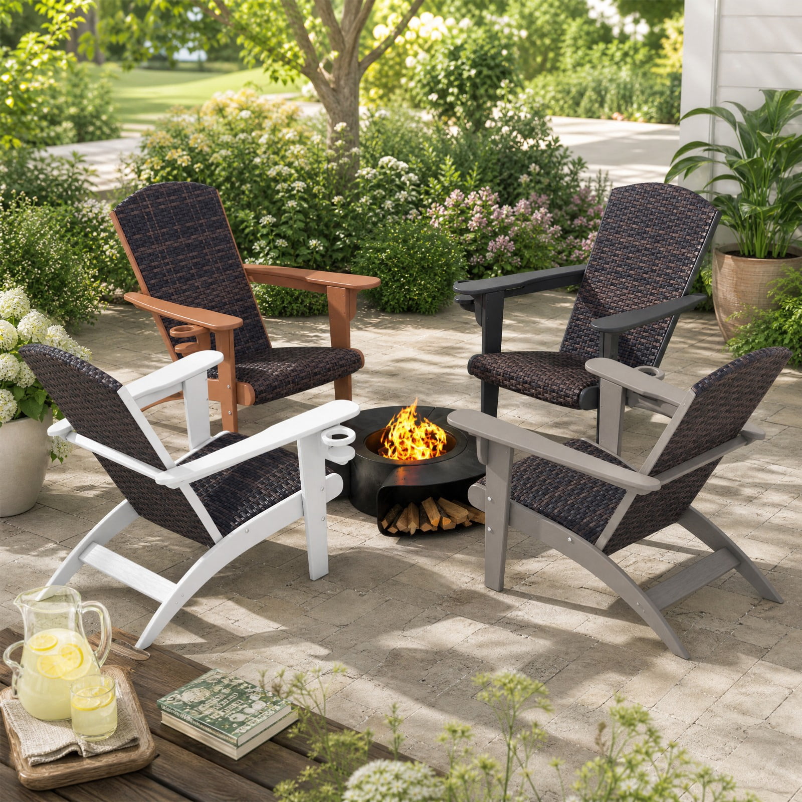 Furnibear Patio Adirondack Chair with Rattan Padded Seat HDPE Frame Wide Armrests and Hidden Cupholder for Backyard and Poolside, White