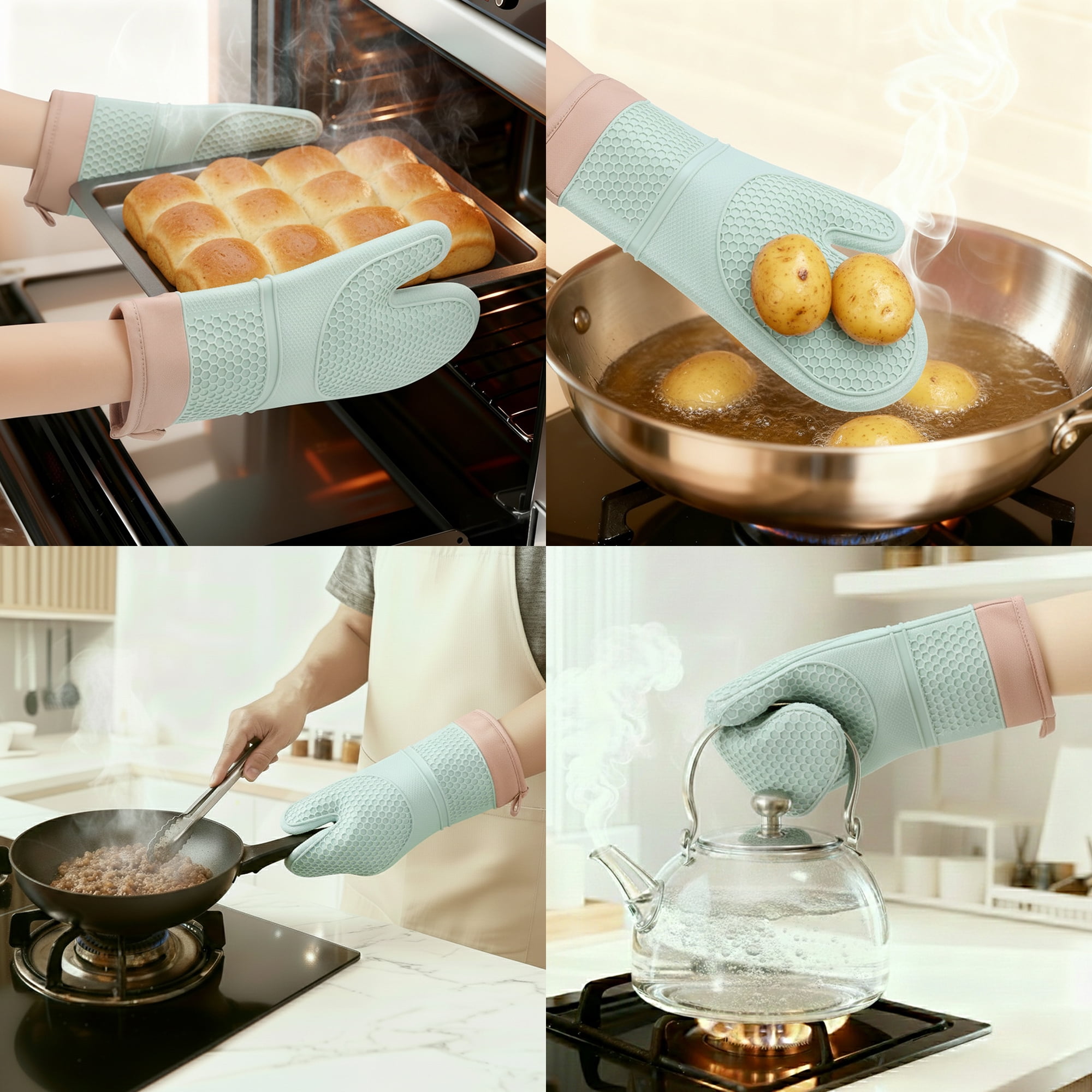 Unique Bargains Heat Resistant Soft Silicone Oven Mitts Set of 2 Mint Green 13x7.5 Inch