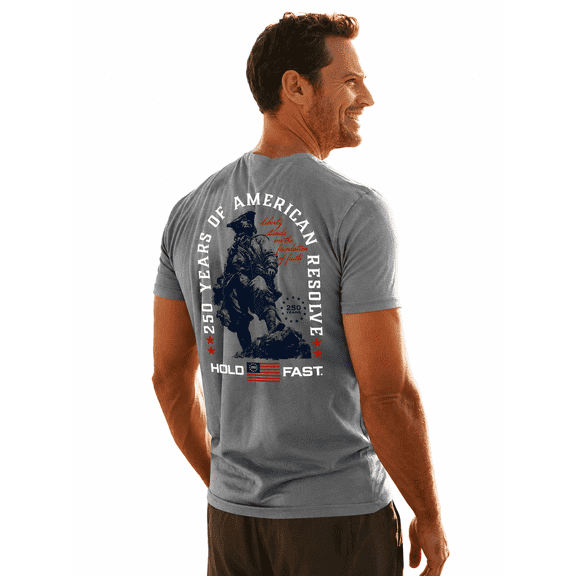HOLD FAST Unisex Short Sleeve Casual T-Shirt, Colonial Soldier - 250 Years of America, Gravel, SM