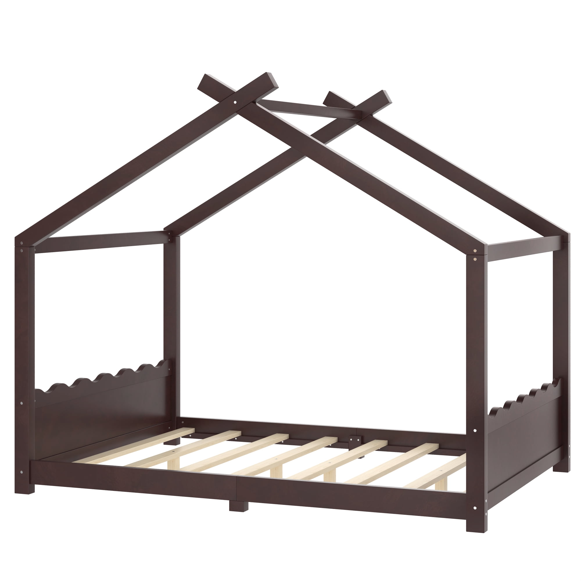 Leumius Full Size House Shape Bed,Montessori House Bed Solid Wood Floor Bed for Kids,No Box Spring Needed,Espresso