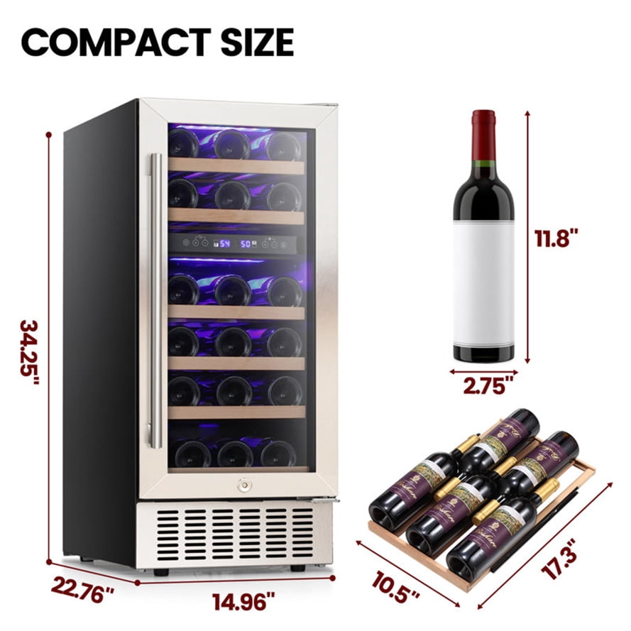 KNDKO 15" Wine Cooler Refrigerator, 28 Bottles Dual Zone Freestanding Fridge with Stainless Steel & Double-Layer Tempered Glass Door