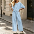 thumbnail image 6 of Zynoxe Summer Outfits for Women Stylish Collared Button Down 3/4 Sleeve Tops Drawstring Waist Pants Suit Plus Size Casual Solid Color Womens Two Piece Sets Breathable Lounge Set With Pockets M, 6 of 8