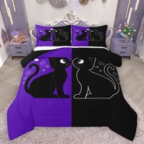 jejeloiu Cartoon Cute Kitten Bedding Comforter Set,Pet Animal Twin Comforter Sets,Black Purple Bedding Set For Girls Teens,Luxury Bedroom Decor Reversible,2pcs