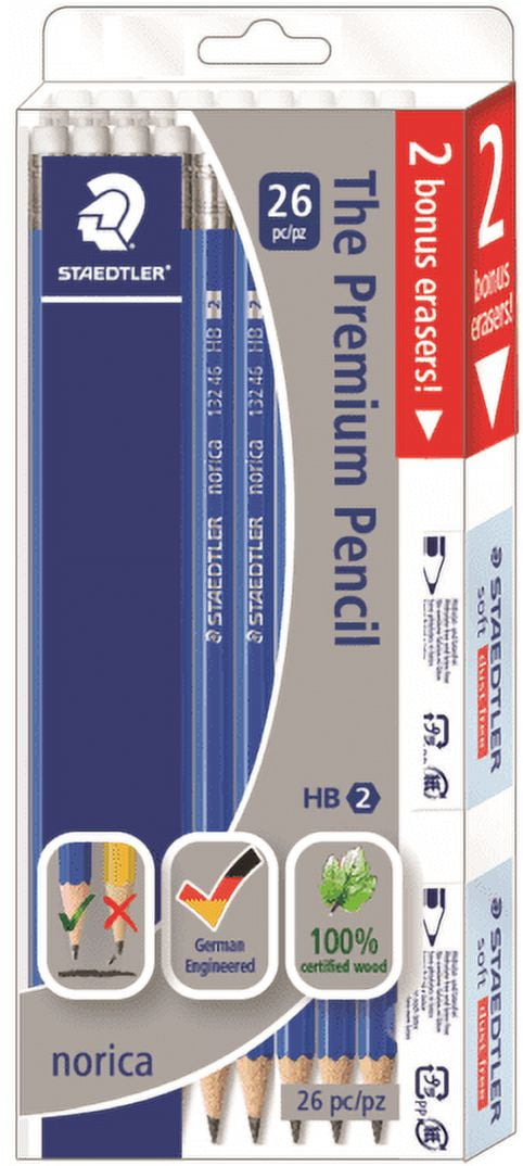 (2 pack) STAEDTLER 26-piece norica Pencils and Erasers, Bonus Pack of 24 Pencils With 2 Erasers, Pre-Sharpened HB #2