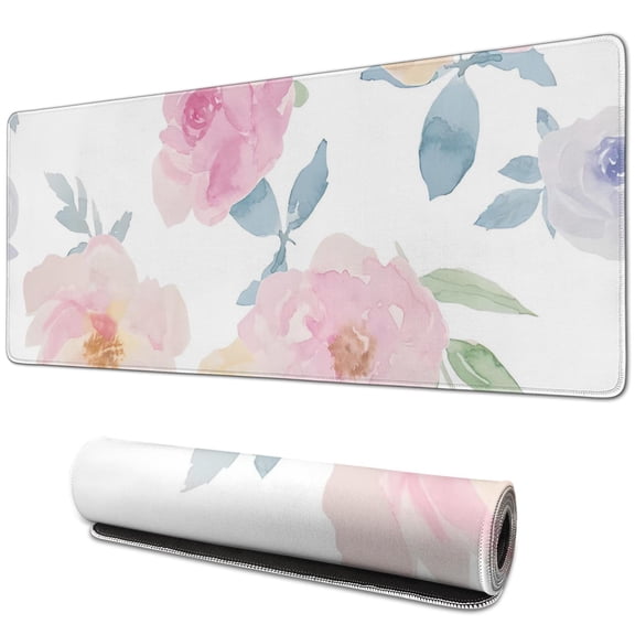Pink Watercolor Flowers  desk Mouse Padwaterproofwashable for Office Home Work Gaminggaming Mouse PadRubber Base Mousepad with Stitched Edges 31.5x11.8inches