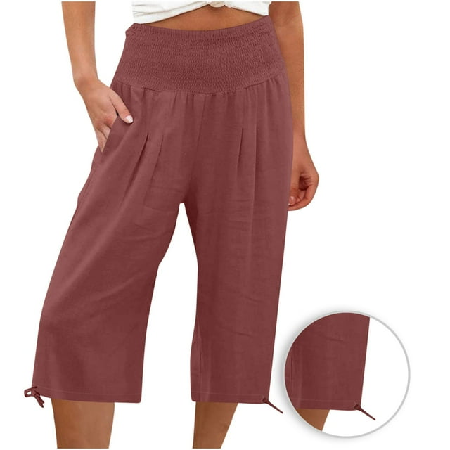 Jsaierl Wide Leg Capris for Women Solid High WaistedCropped Pants with Pockets Loose Cotton Linen Pants Lounge Workout Capris with Drawstring