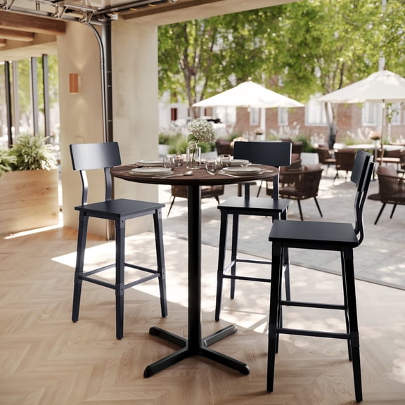 Flash Furniture 36" Round Tabletop with TopGuard HPL Technology in Dark Brown with 30" x 30" Black Bar Height X-Base