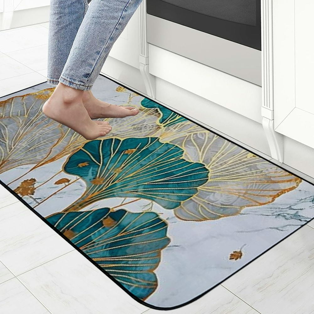 Heduofu Front Door Mat Welcome Mat, Wild Marble Ginkgo Biloba Non-Slip Absorbent Indoor Door Mats, Durable Rubber Backing Floor Doormat for Entryway, Patio, Porch, Gray Teal Gold 19.68*47.24 in