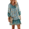 thumbnail image 4 of TEMOFON Women Casual Floral Print Dresses Summer Boho V Neck 3/4 Long Sleeve Flowy Loose Mini Dress Blue, 4 of 6