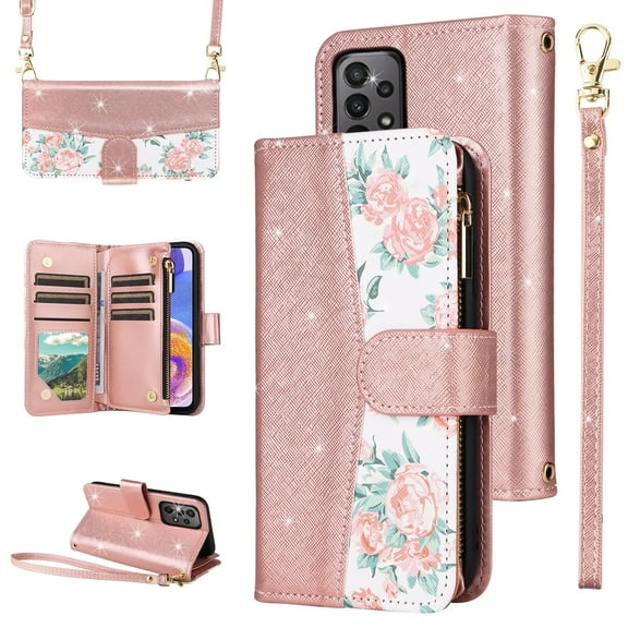 Furiet for Samsung Galaxy A13 4G/5G Floral Wallet Case with Flip Zipper Purse Wrist/Shoulder Strap, Luxury PU Leather Card Holder Stand Phone Cover for A04s M13 G5 A 13 LTE 13A 2022 Women Rose Gold