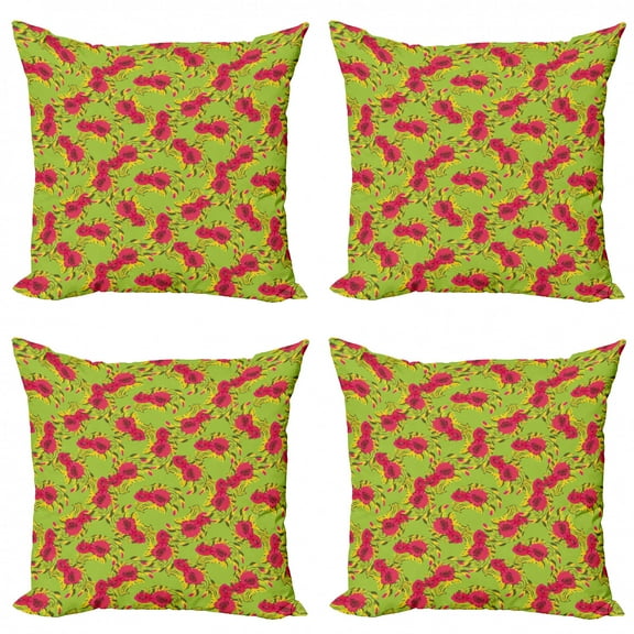 Floral Throw Pillow Cushion Case Pack of 4, Repeated Poppy Flowers Vibrant Spring Meadow, Modern Accent Double-Sided Print, 4 Sizes, Apple Green Dark Pink, by Ambesonne