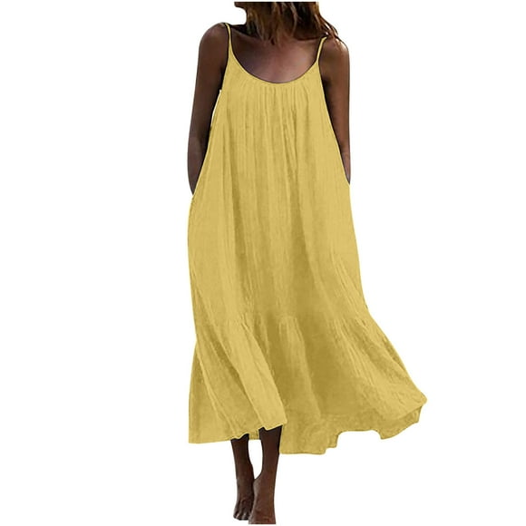 Summer Midi Cotton Loose Cami Dress for Women Sale Solid Color Vintage Sleeveless Boho Beach Fit Round Neck Sundress for Girls Elegant Casual Comfy Holiday Yellow XL