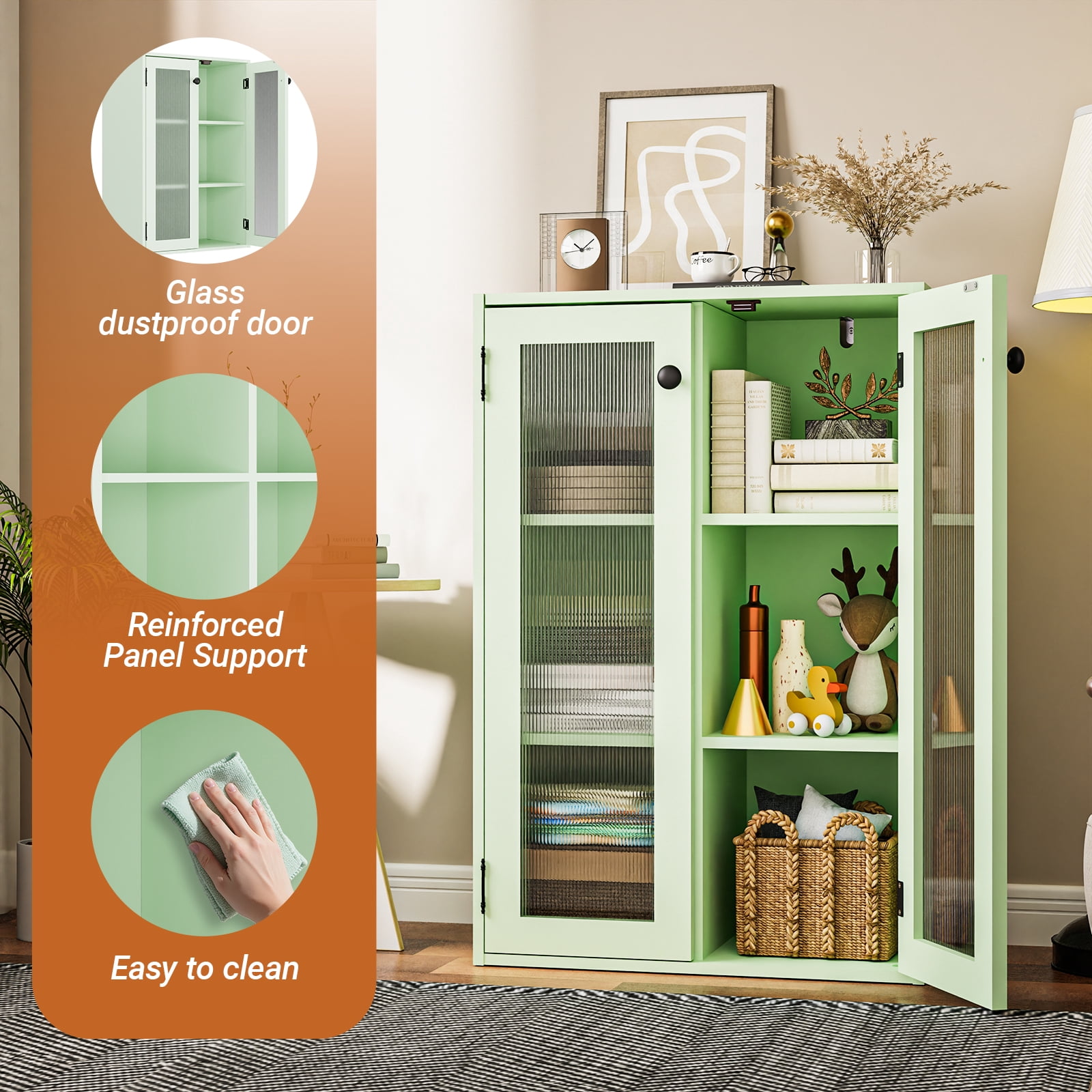 KZElegy Storage Cabinet 6 Cube Shelf with Glass Door ,Wall Mount or Freestangd Cabinet With Doors,11" Cube,Green