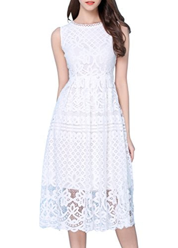 VEIISAR Women Stylish Floral Lace Sleeveless Scoop Neck Flare Dress White L  - Walmart.com
