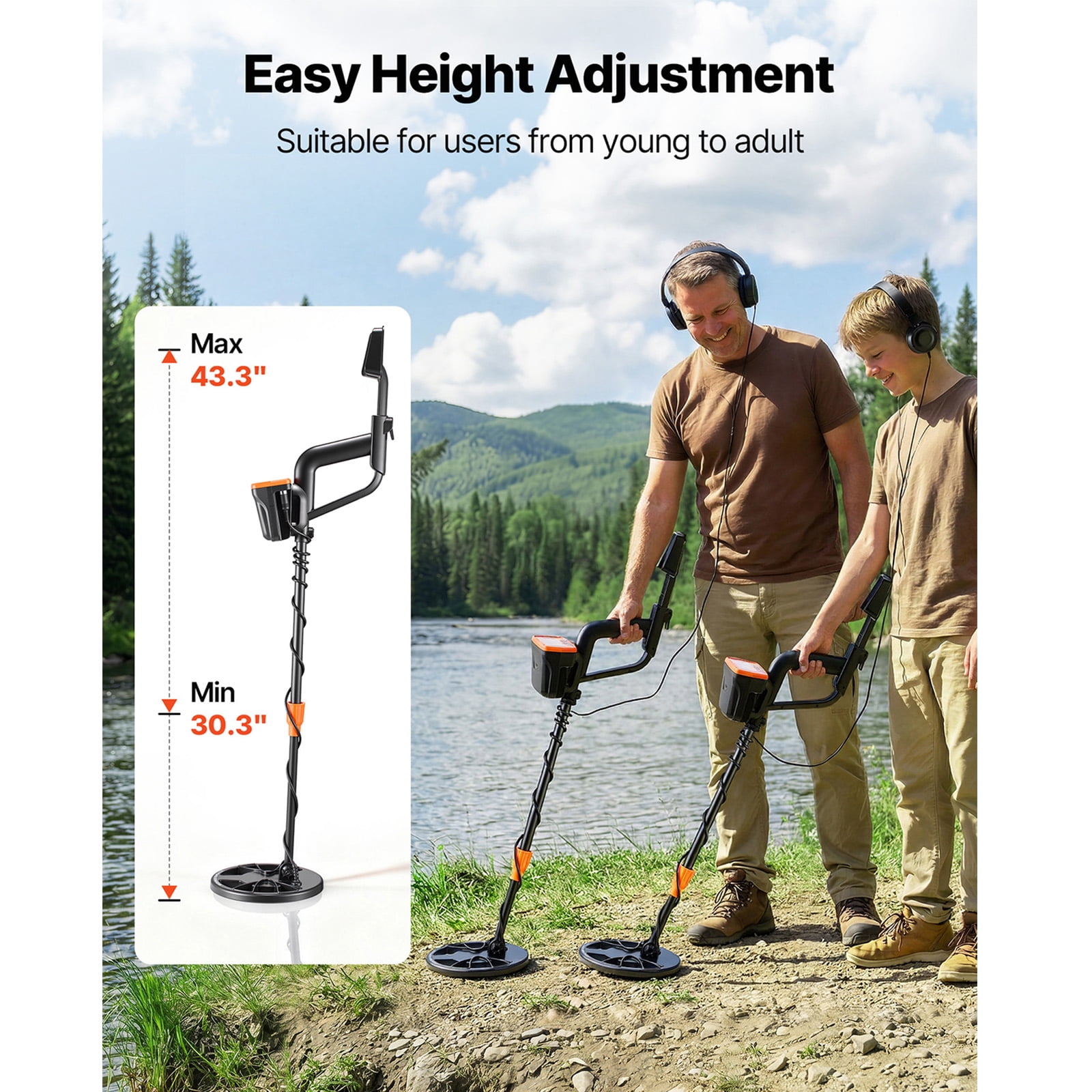 KFFKFF Metal Detector for Adults, 8" High-Precision Gold Finder, Waterproof Search Coil with Display, Headphones, 3 Modes, Adjustable Length, Ideal for Gold and Treasure Hunting