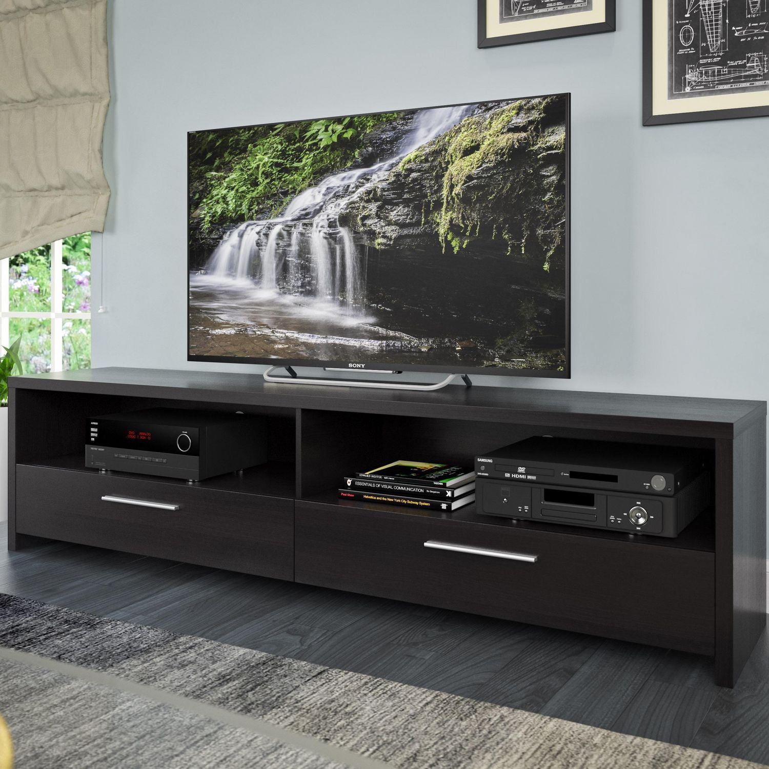 Meuble TV CorLiving Fernbrook en bois d'ingénierie noir avec tiroirs pour la plupart des téléviseurs jusqu'à 95 pouces