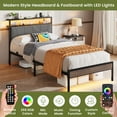 thumbnail image 3 of Sesslife Twin Size Bed Frame with Fabric Upholstered Storage Headboard and Charging Station, LED Metal Platform Bed with Headboard and Footboard RGB Lights, No Box Spring Needed, Noise Free, Gray, 3 of 11