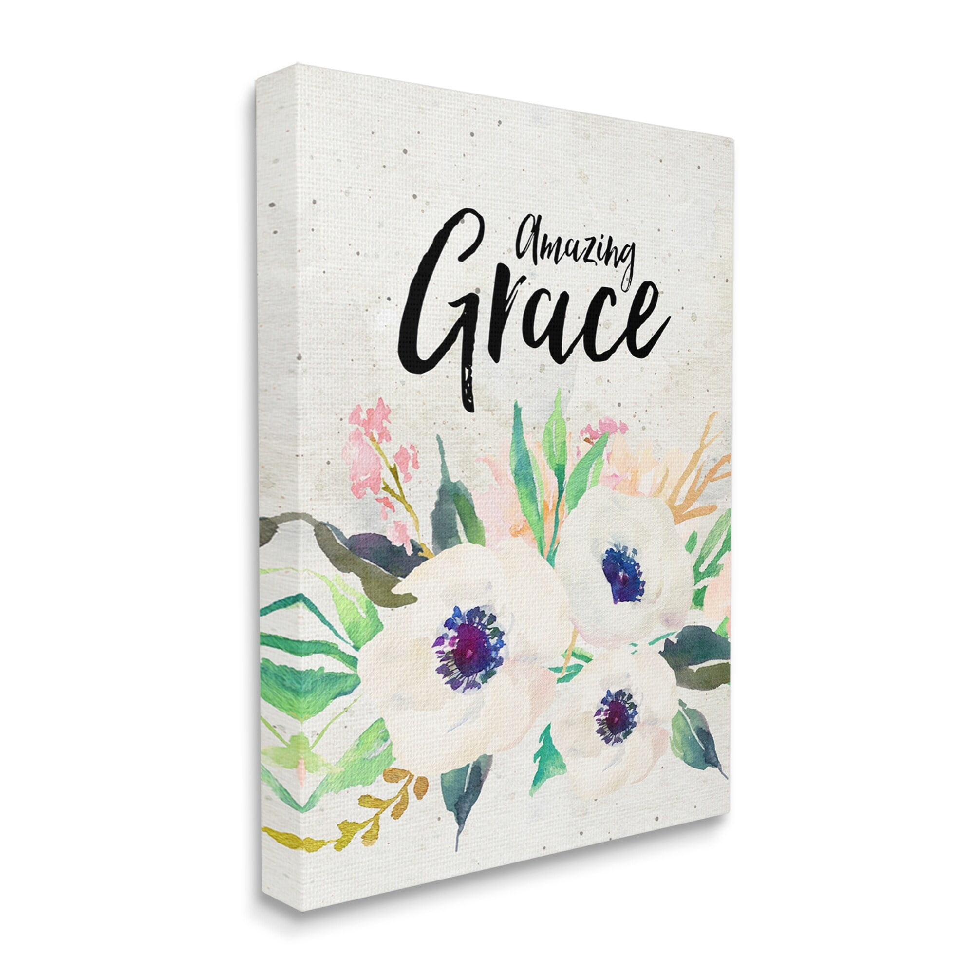 Stupell Industries Amazing Grace Calligraphy White Flower Blossom Botanicals Canvas Wall Art, 36 x 48, Design by Amy Brinkman
