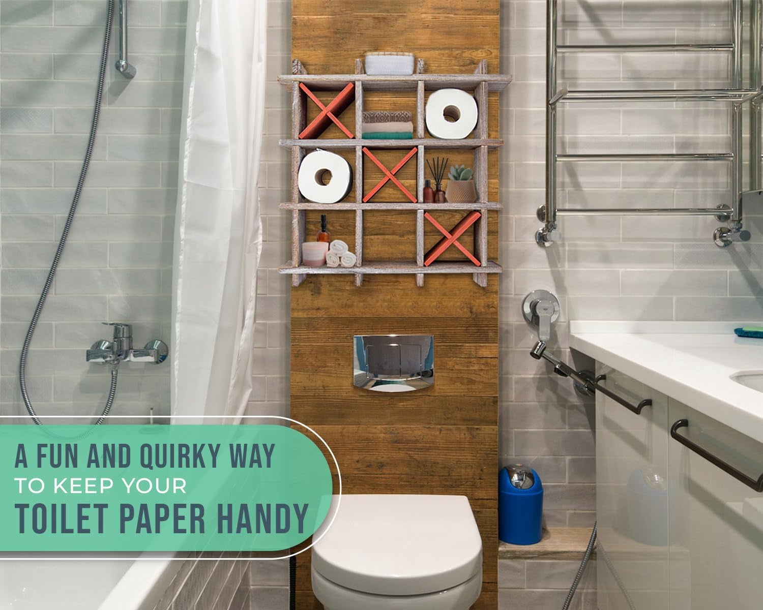 Comfify Tic Tac Toe Toilet Paper Holder, Metal, Freestanding or Wall-Mounted, Distressed White Bathroom Accessory