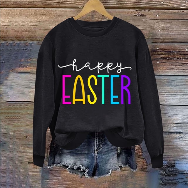 Jsaierl Sweatshirts Joyeuses Pâques pour Femmes Imprimé Lettre Tendance Manches Longues Pulls Décontractés Col Rond Ample