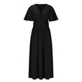 thumbnail image 3 of Vestido Maxi de Manga Larga para las Mujeres Caída Sólido de Manga Corta Cuello en V Plisado Vestido Maxi Midi, Cintura Elástica Boho Vestido de Playa con Bolsillos, 3 of 7