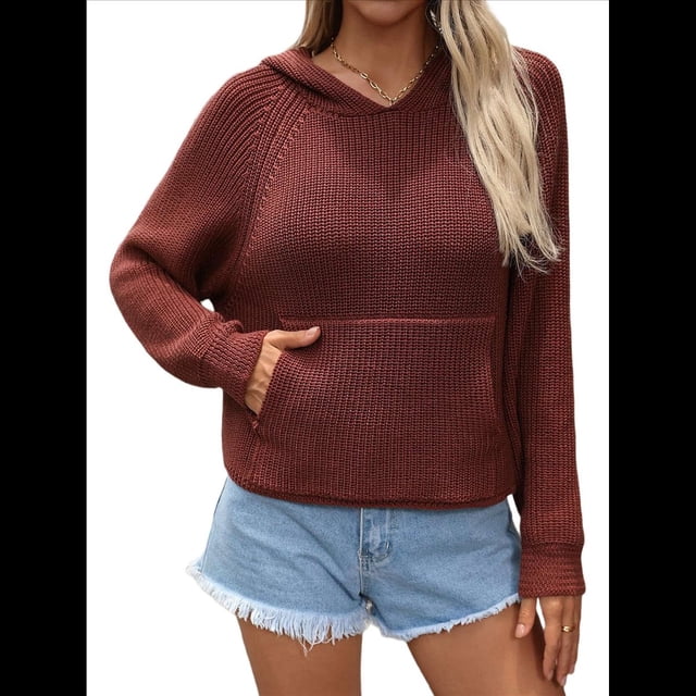 Suéter con Capucha Corta y Estampado de Estrellas para Mujer, Jersey de Punto con Bolsillo Tipo Canguro. Color Café M