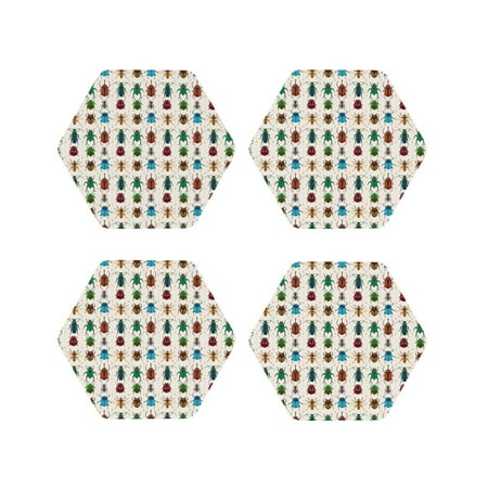 

Junzan Cartoon Insects Print Coasters for Drinks - Leather Coasters Set of 4 for Coffee Table for Housewarming/Kitchen/Bar/Decor-Hexagon