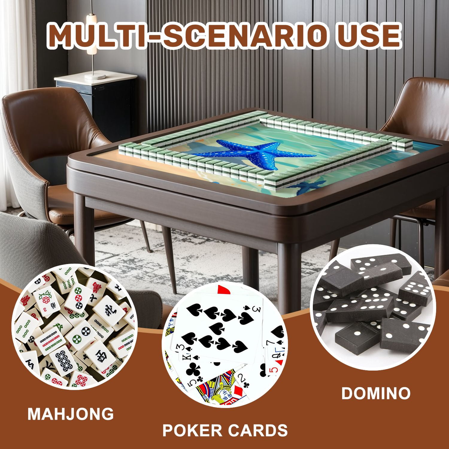 Mahjong Mat 31.5" x 31.5" Blue Starfish Tropical Shoreline Turquoise Waves Coastal Beach Non-Slip Noise Reduction American Mahjong Tiles Table Cover for Dominoes Poker Card Board Games Gift