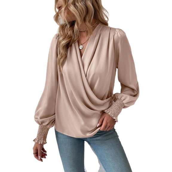 Shirred Cuff Long Sleeve Surplice Neck Faux Wrap Blouse for Women Beige Small